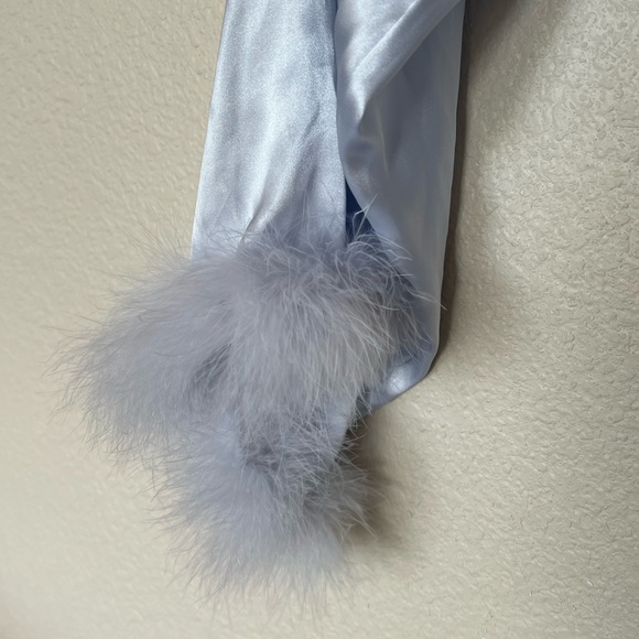 In Bloom by Jonquil | Light Blue Feather Trim Satin Robe - Picture 5 of 10